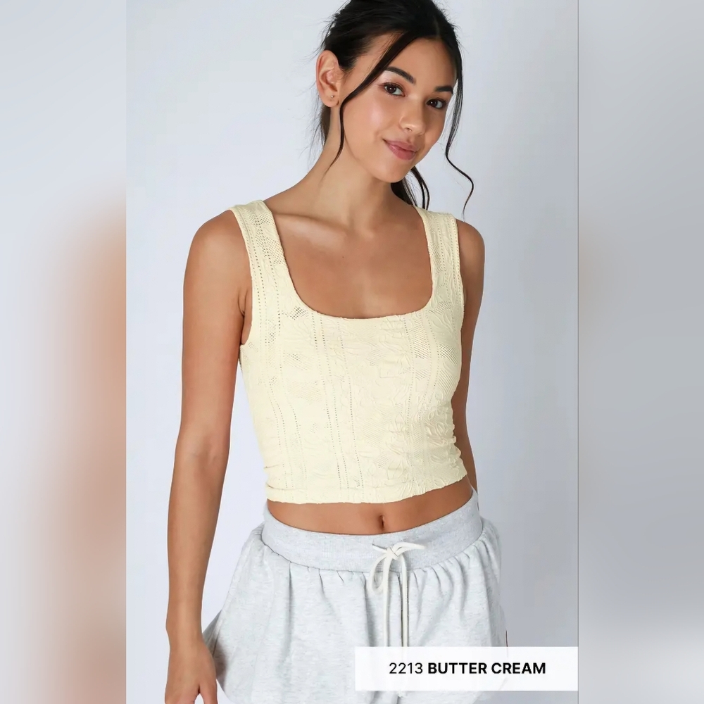 #1386 Nikibiki Double Layered Floral Textured Square Neck Crop Tank-Butter Cream